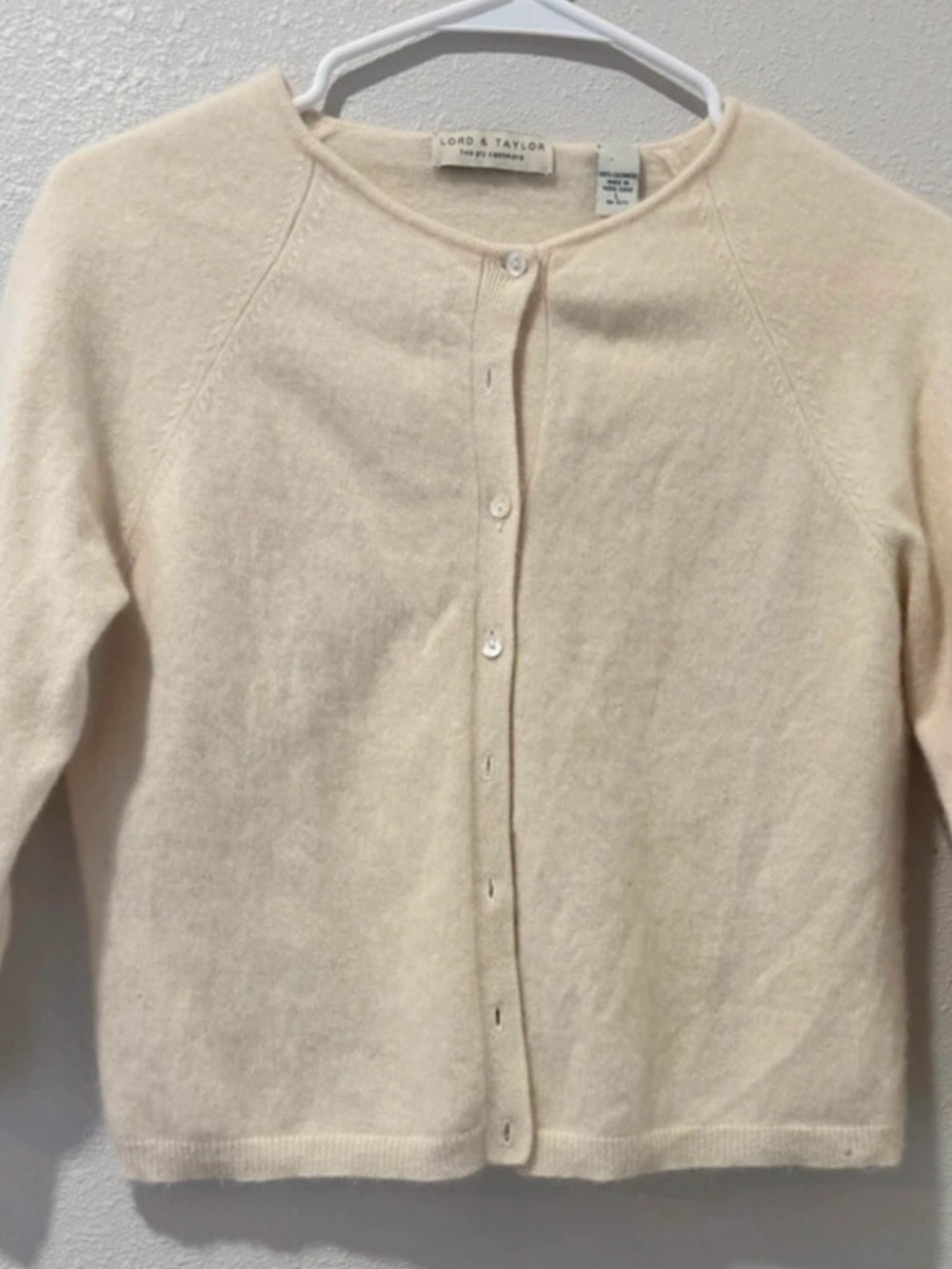 Lord & Taylor Cream 100% Cashmere babydoll Cardigan